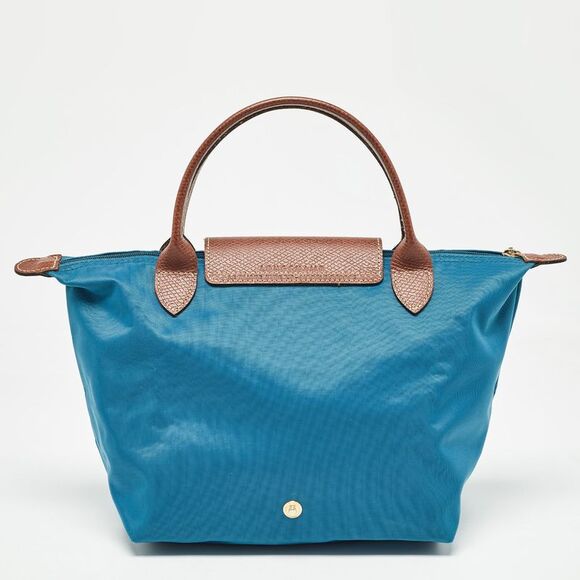 Longchamp Brown/Teal Blue Nylon and Leather Small Short Le Pliage Tote - Picture 4 of 4